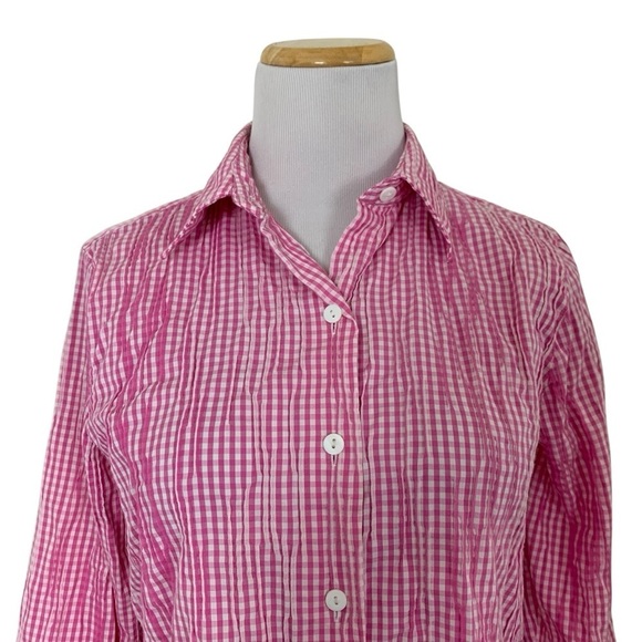Foxcroft Fitted Gingham Pleated Crinkle Button Up Shirt Women’s 4 Pink Collared - Picture 4 of 16
